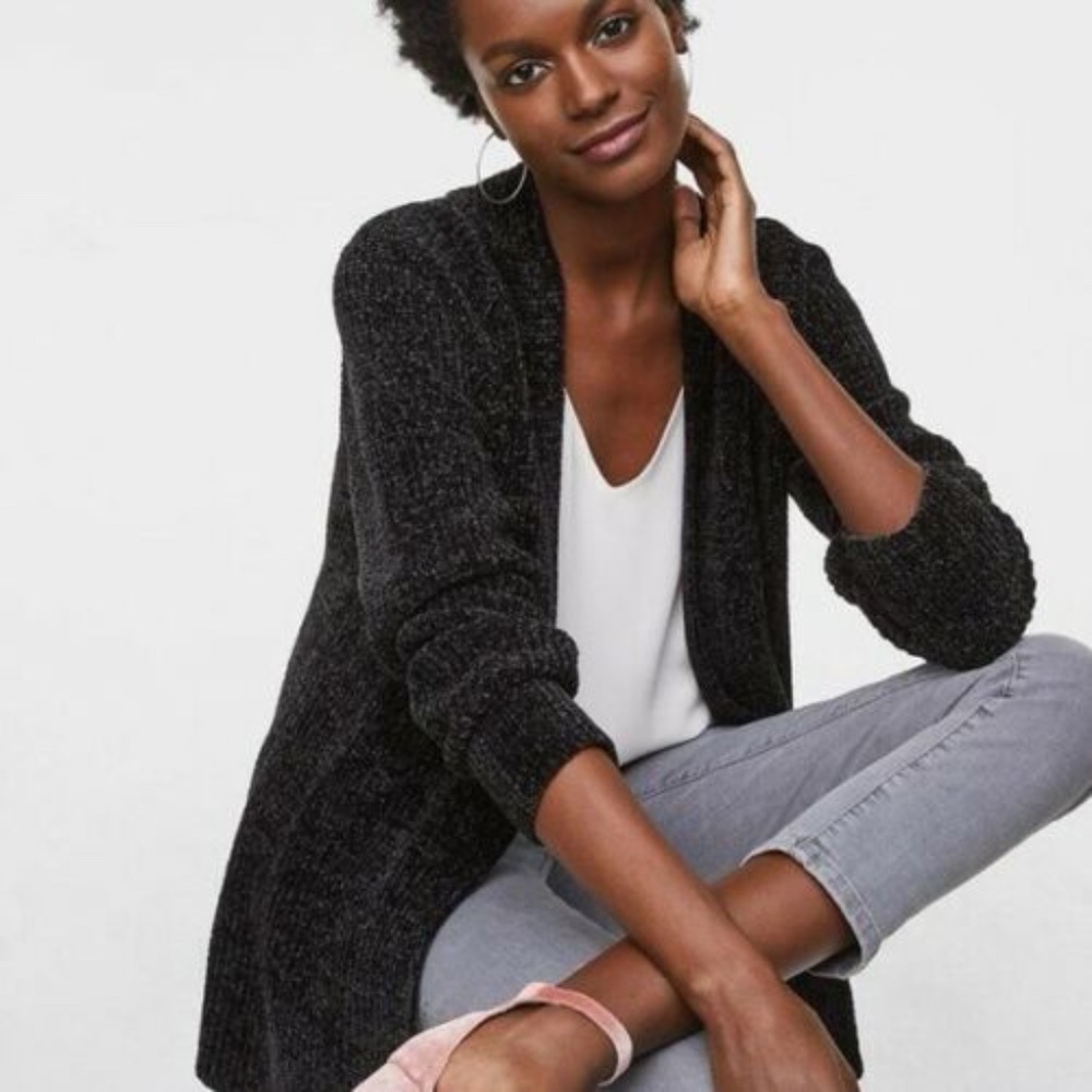 LOFT Black Open Front Chenille Cardigan